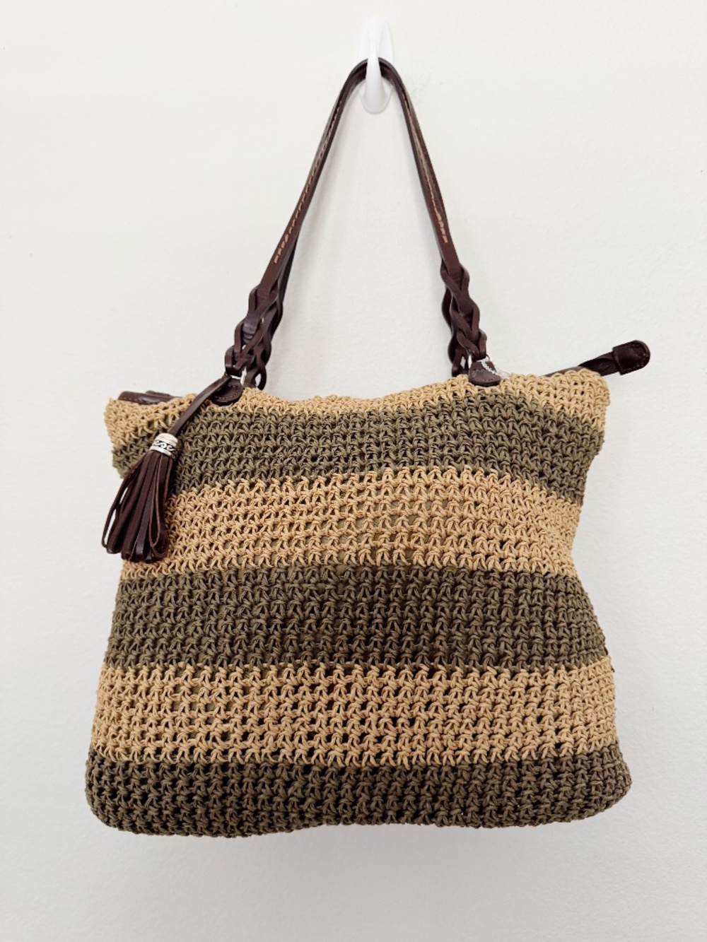 Brighton Woven Straw Striped Tan Olive Green Brown Leather Shoulder Bag